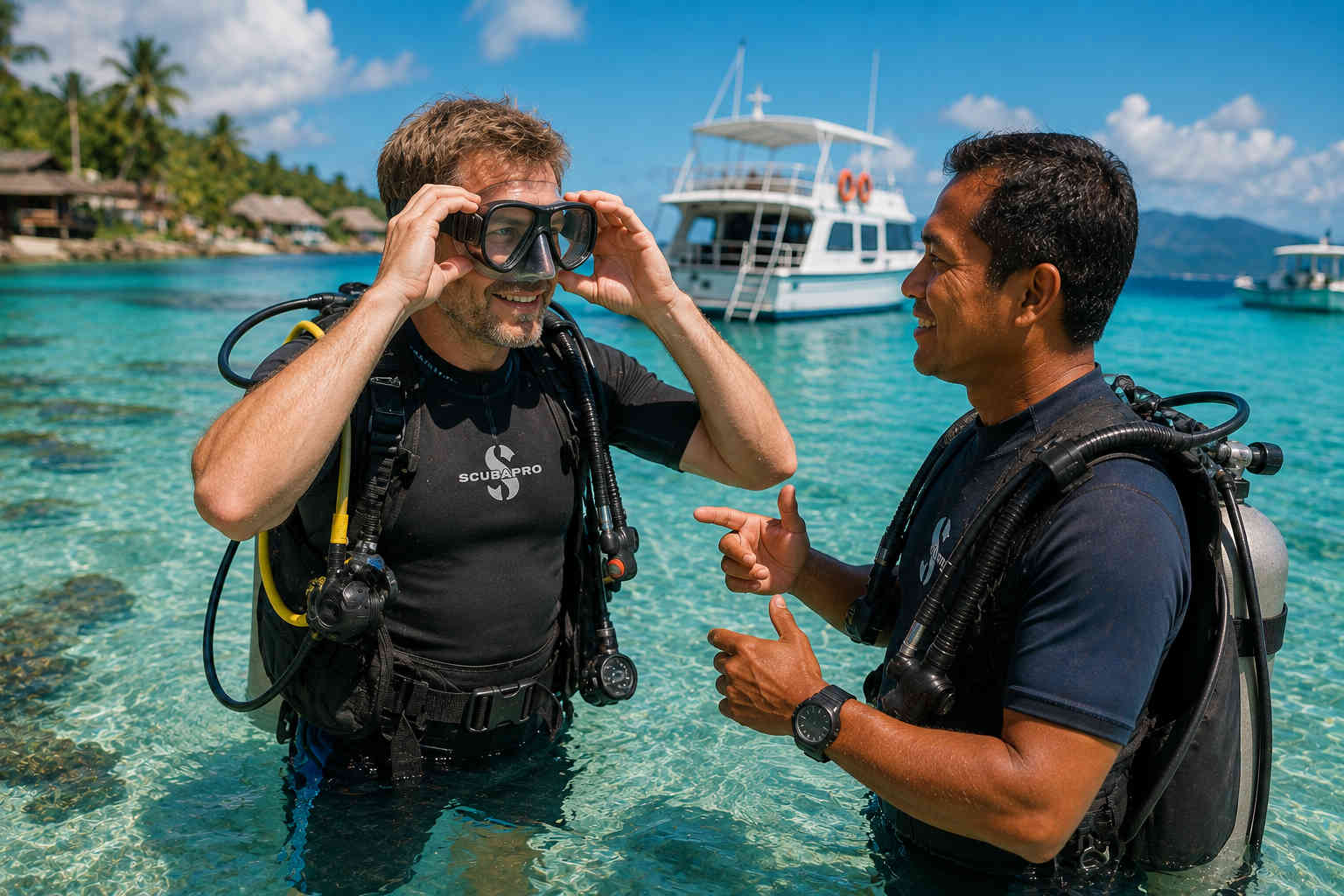 Man receiving his first scuba diving lesson in clear tropical water while an instructor explains the equipment