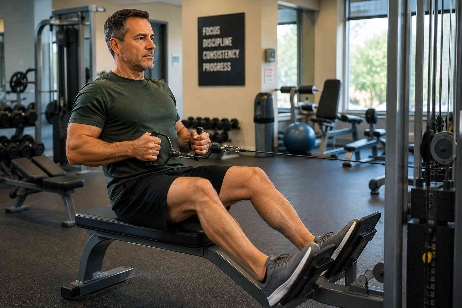 Middle-aged man easing back into strength training with a controlled seated cable row