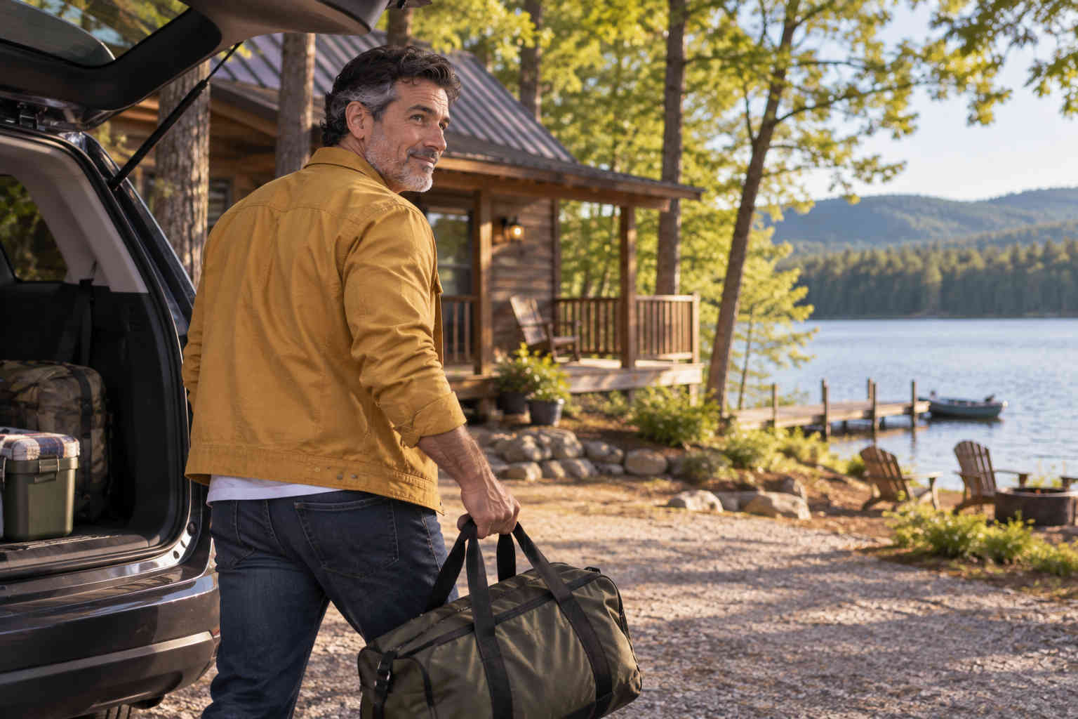 Man arriving alone for a relaxing weekend at a lakeside cabin after divorce