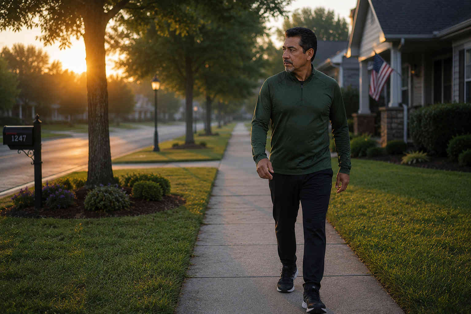 Man taking a comfortable ten-minute walk through a quiet neighborhood just after sunrise