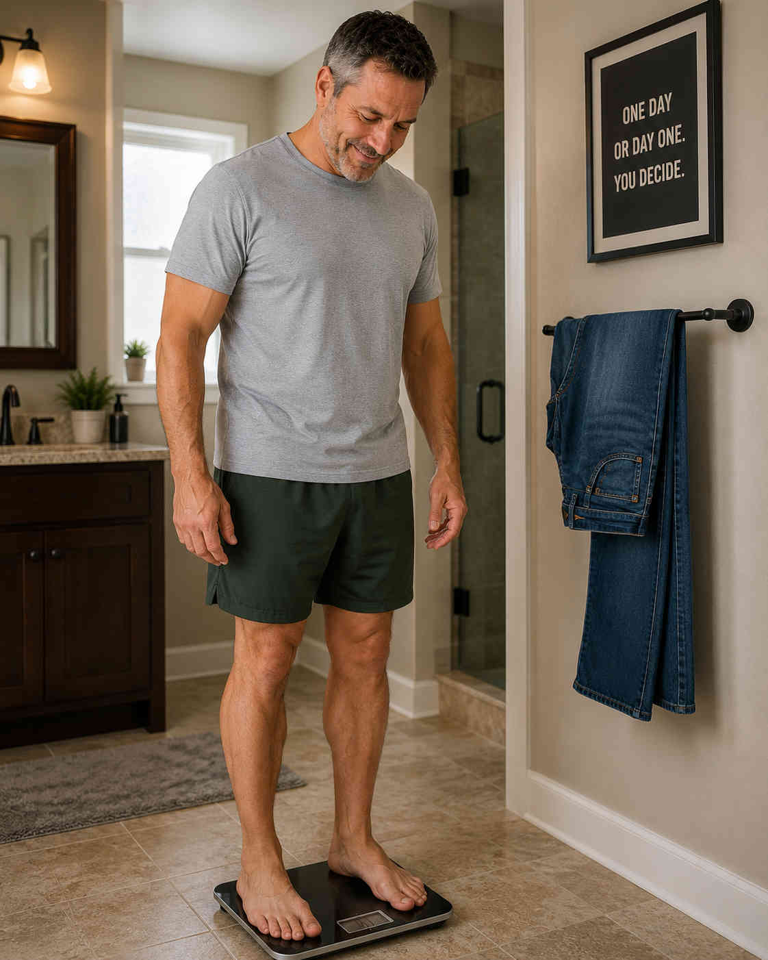Man standing on a bathroom scale and smiling at an early weight-loss checkpoint