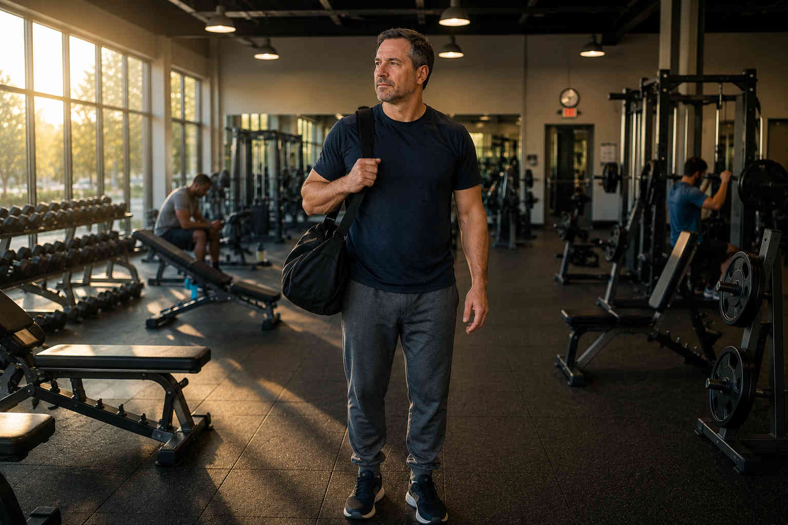 A middle-aged man stands inside a gym carrying a workout bag as he begins rebuilding his fitness after divorce