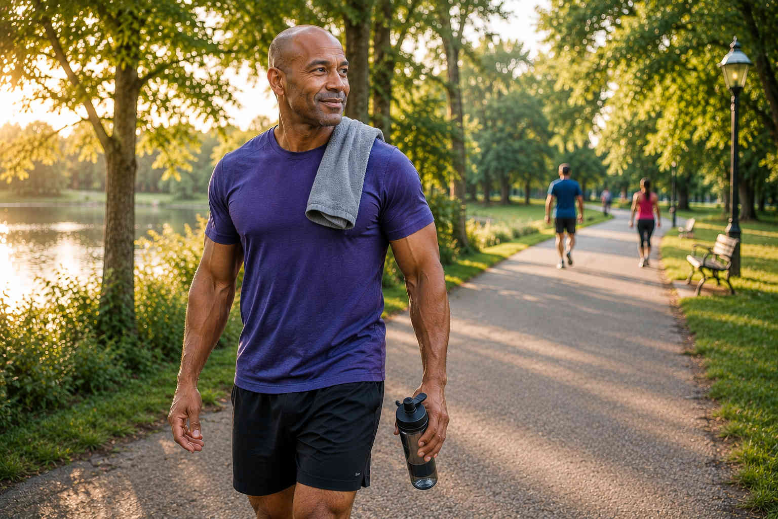 Man walking confidently on a tree-lined park trail after finishing a workout