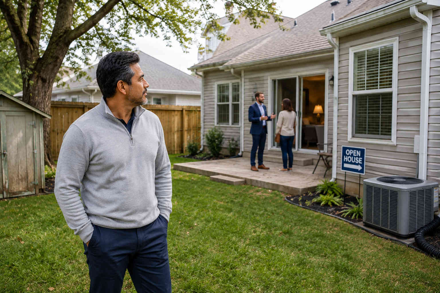 Man at an open house studying the backyard, exterior systems, and maintenance responsibilities of a potential home