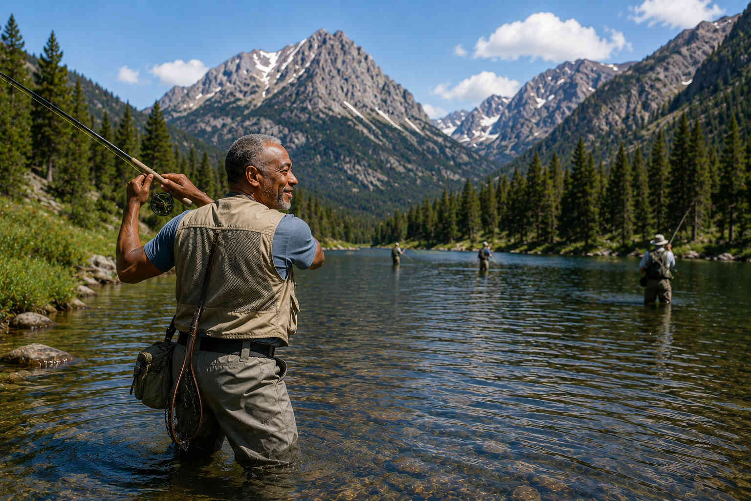 Divorced man smiling while fly fishing in a clear mountain lake with other anglers nearby