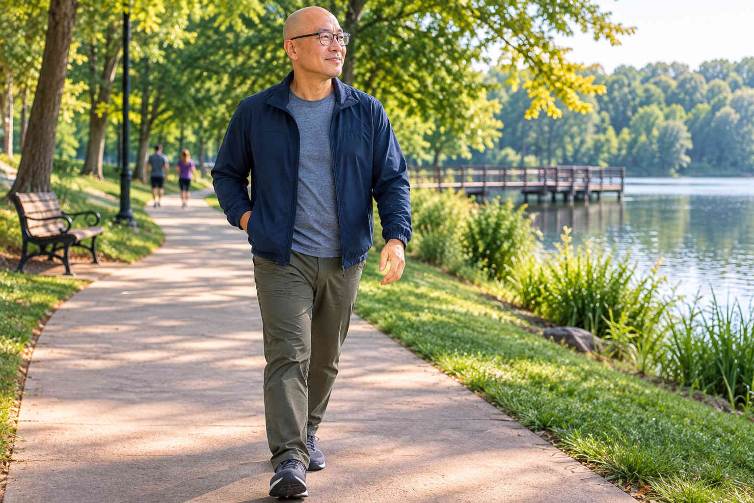 Bald Asian man with glasses walking peacefully beside a lake after creating more financial breathing room in his life