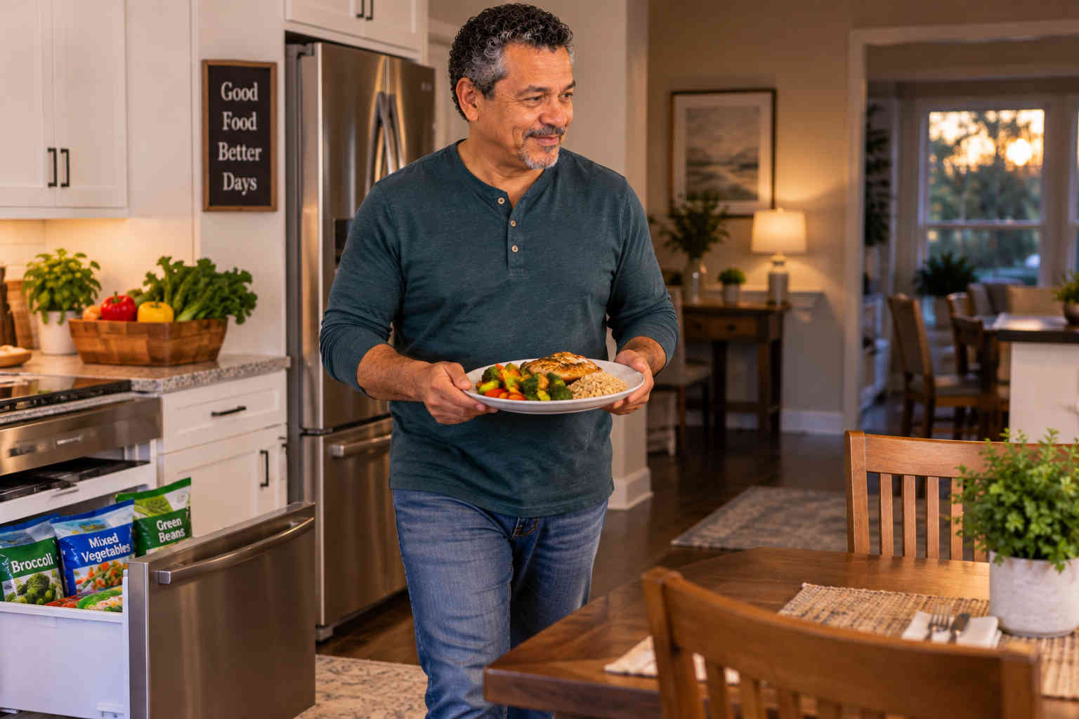 Man carrying a balanced dinner while fresh vegetables and frozen vegetable bags are both visible in his kitchen
