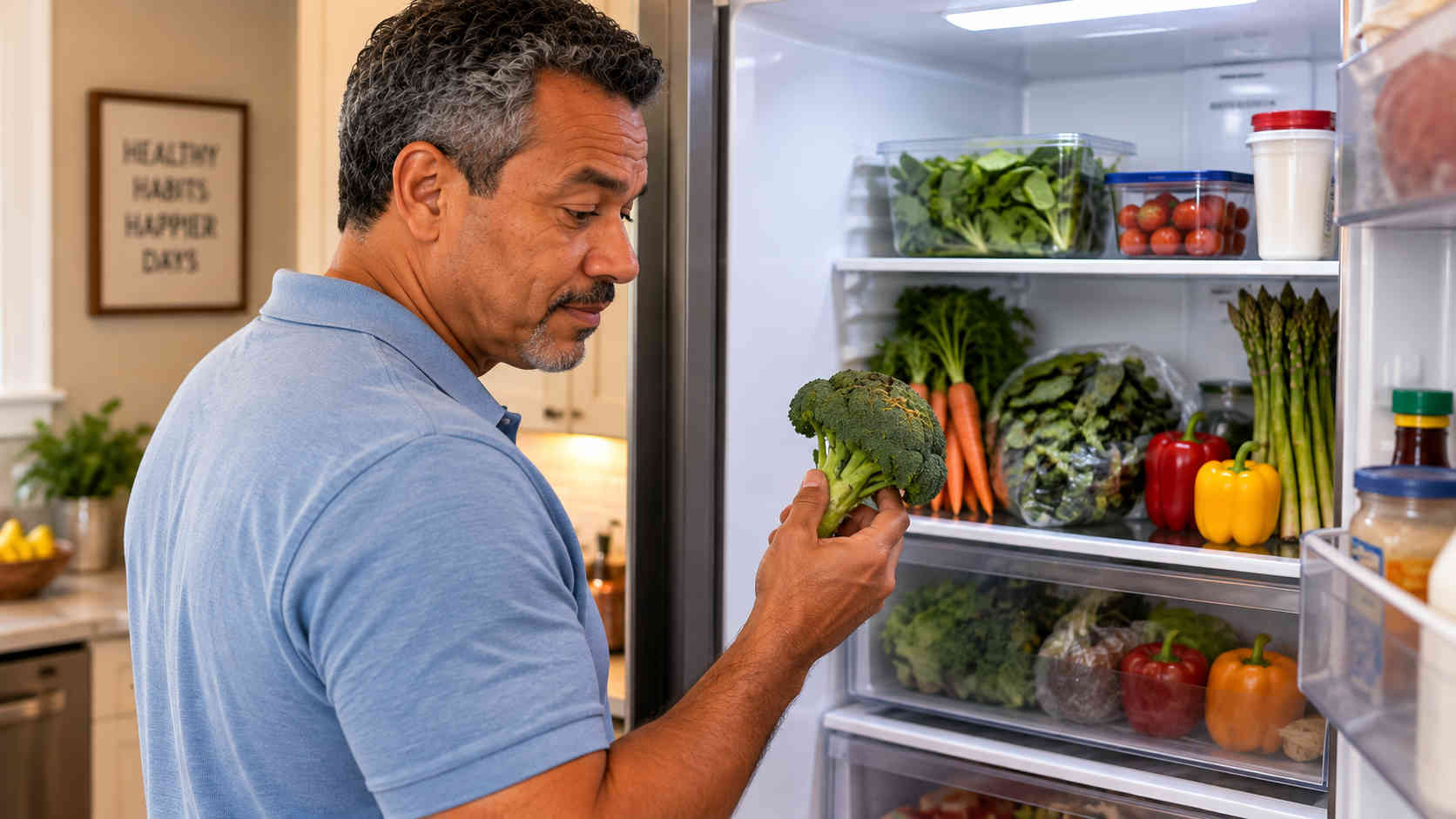 Man inspecting broccoli that has begun to age after several days in the refrigerator