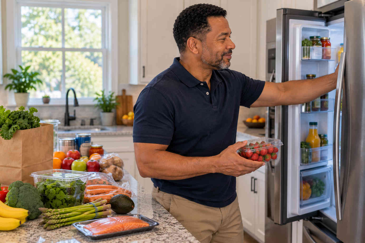 Man putting fresh strawberries into the refrigerator while unpacking vegetables, salmon, and pantry foods