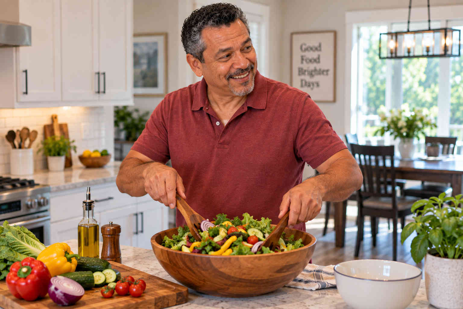 Man tossing a crisp salad made with lettuce, tomatoes, cucumber, onions, and peppers