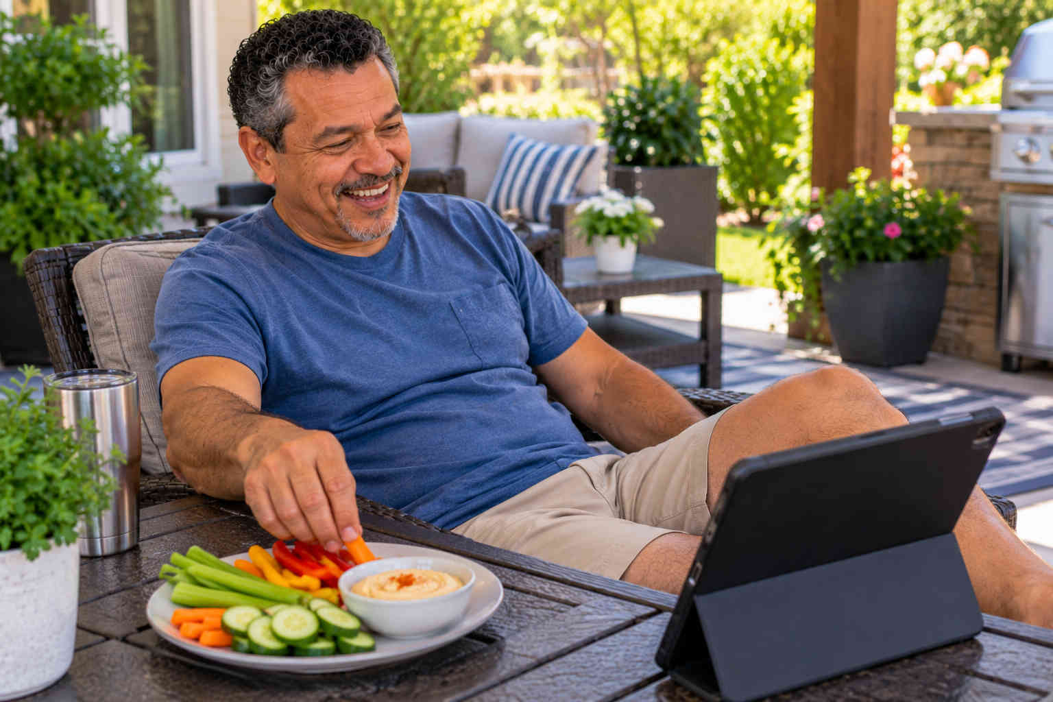 Man relaxing on a patio with a plate of fresh carrot, celery, cucumber, and pepper snacks