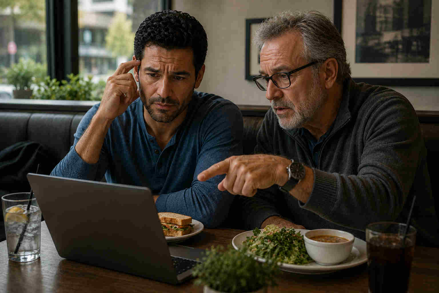 Older male friend pointing at laptop while divorced man looks uncertain about online relationship