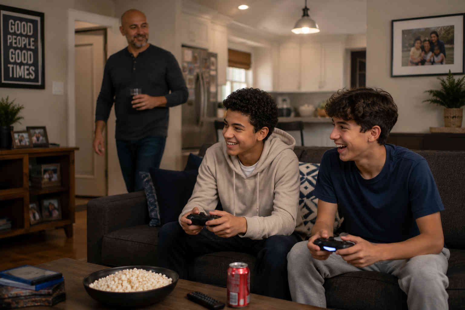 Twelve-year-old boy and his male friend laughing while playing a video game in Dad's living room as Dad comfortably passes through in the background