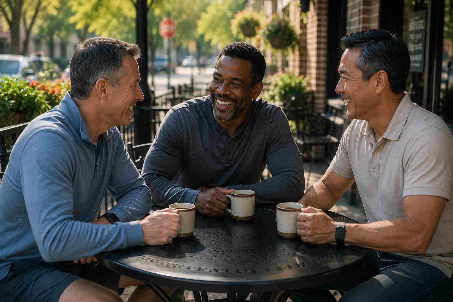 Three diverse middle-aged male friends laughing together over coffee at a neighborhood cafe