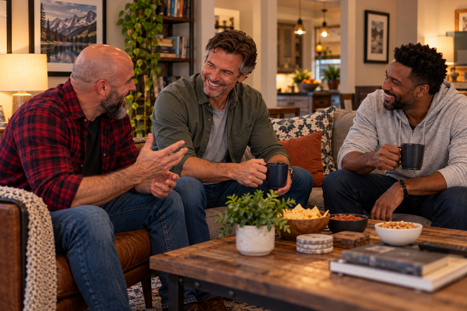 Man laughing with two male friends in his finished living room