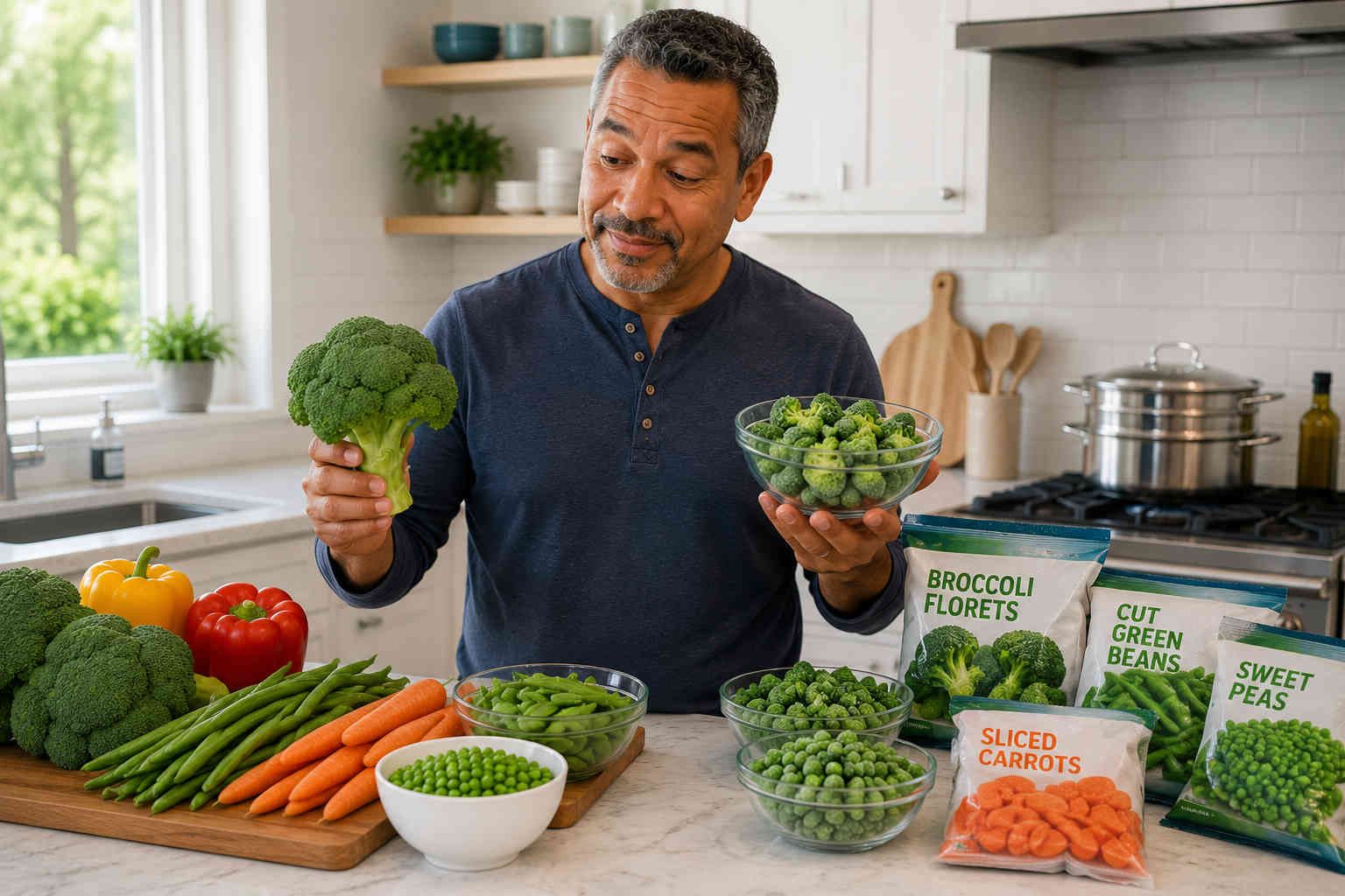 Middle-aged man comparing fresh broccoli with frozen broccoli and other vegetables in a bright kitchen