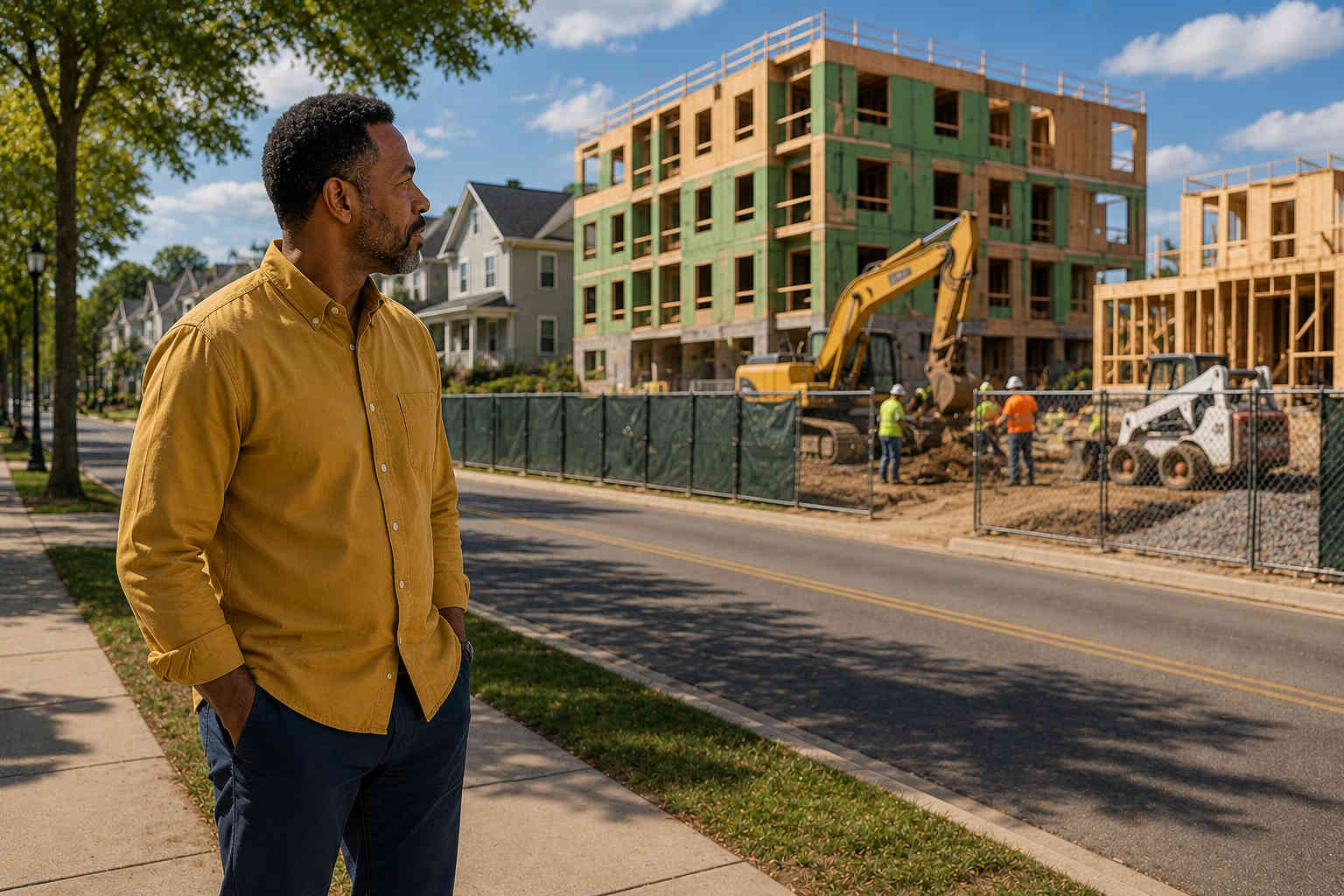 Man looking across a residential street at a large apartment development under construction