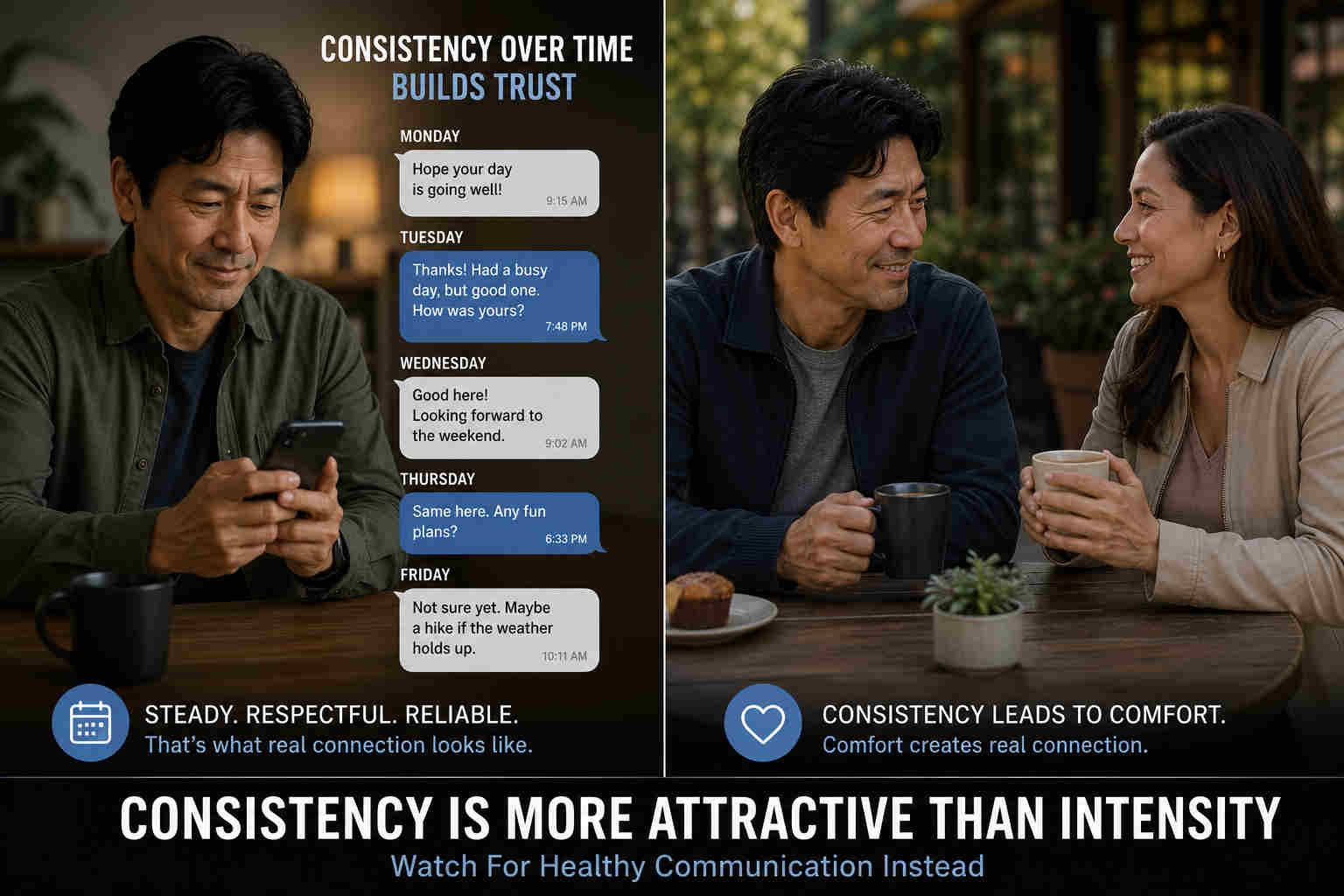 Split screen showing consistent messages over time and an Asian man enjoying a relaxed coffee date