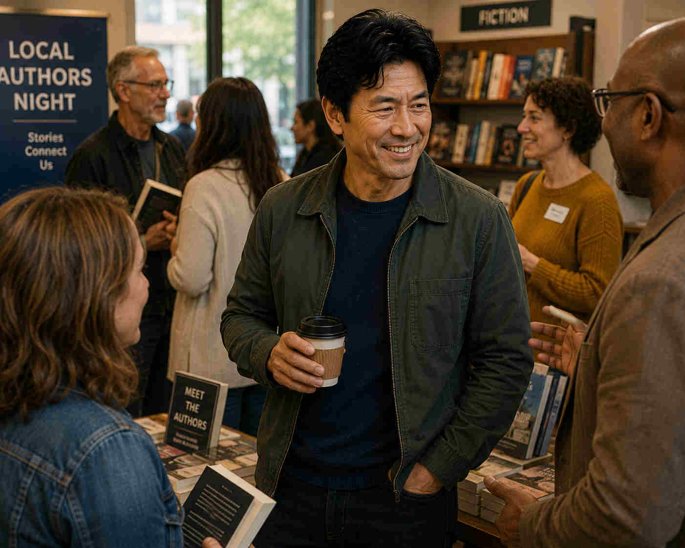 Asian man attending a community bookstore event after recovering from online dating ghosting