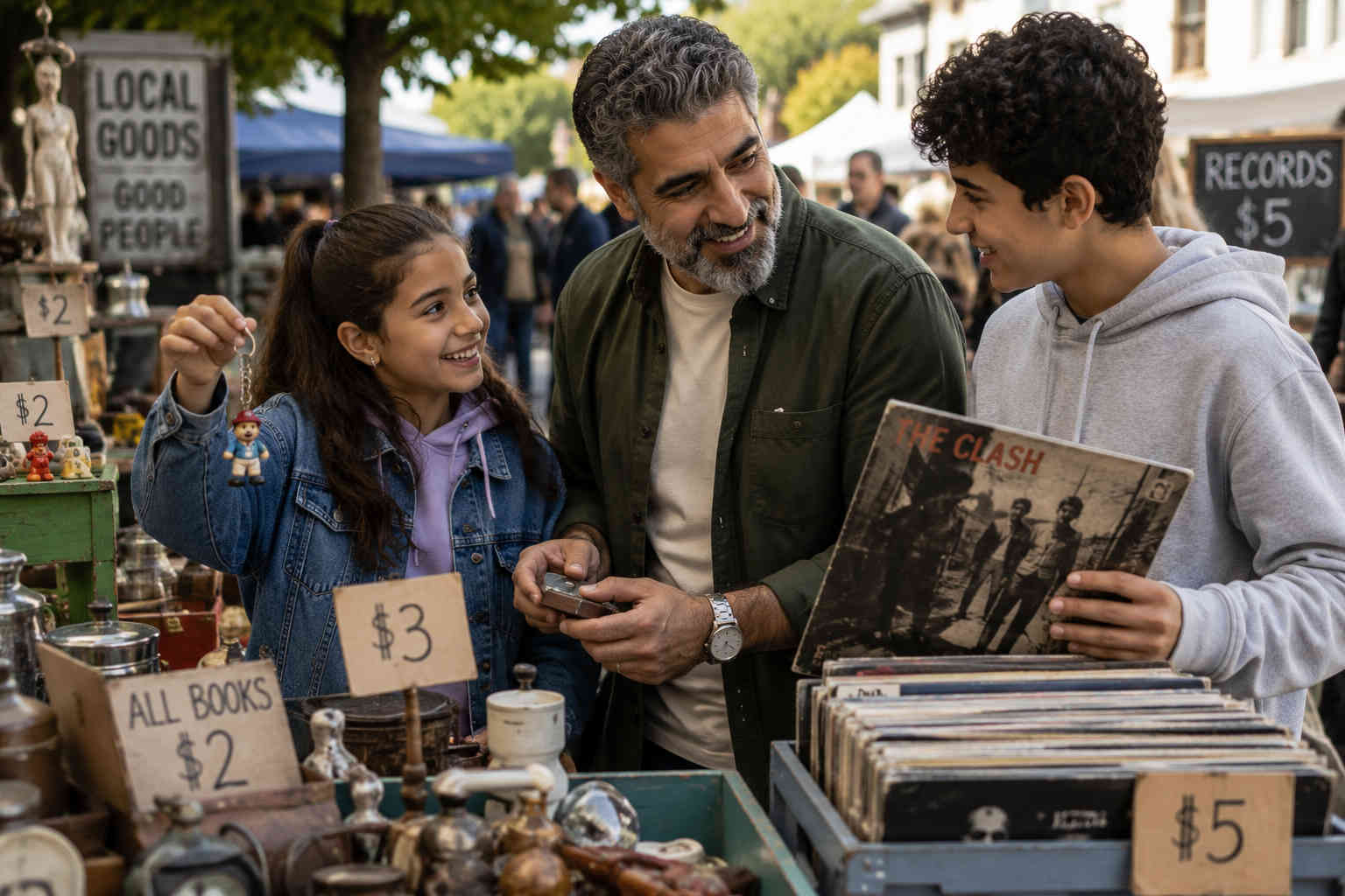 A Middle Eastern father enjoys browsing inexpensive flea-market finds with his son and daughter, showing that meaningful parenting time does not require spending a lot of money