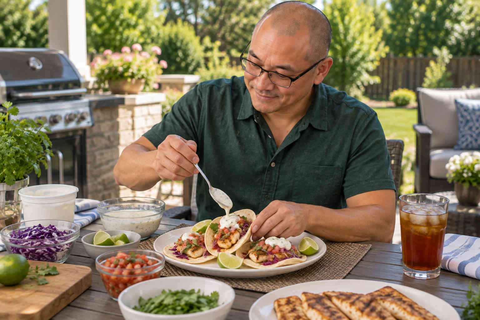 Man spooning a Greek yogurt lime sauce over fish tacos on an outdoor patio