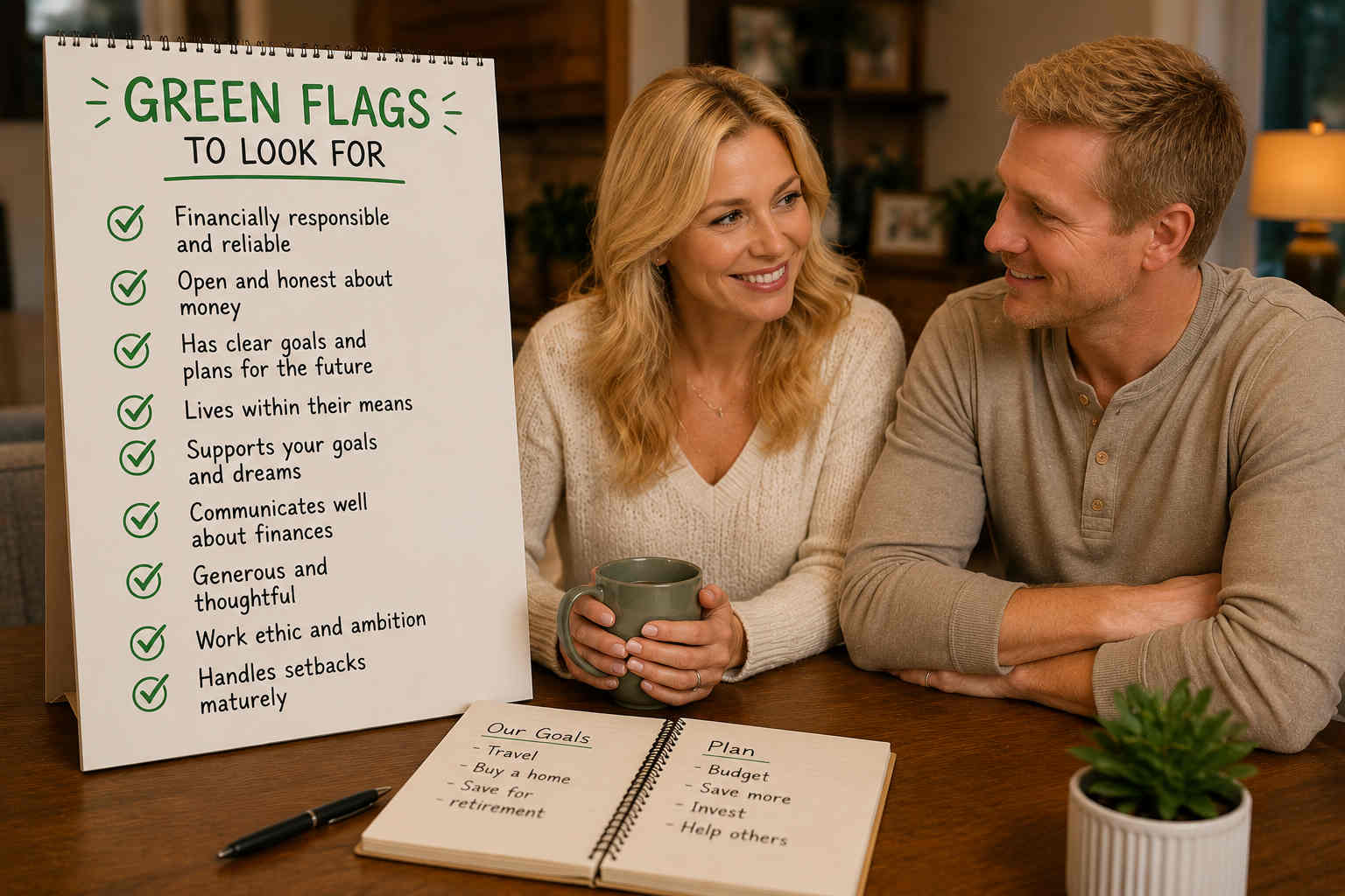 Couple reviewing green flags for healthy financial behavior