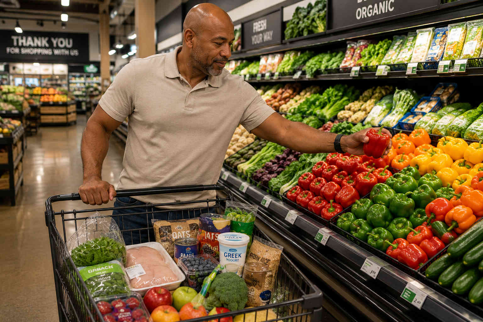 Man shopping for vegetables and filling meal ingredients with a cart containing lean protein, oats, yogurt, fruit, rice, and produce