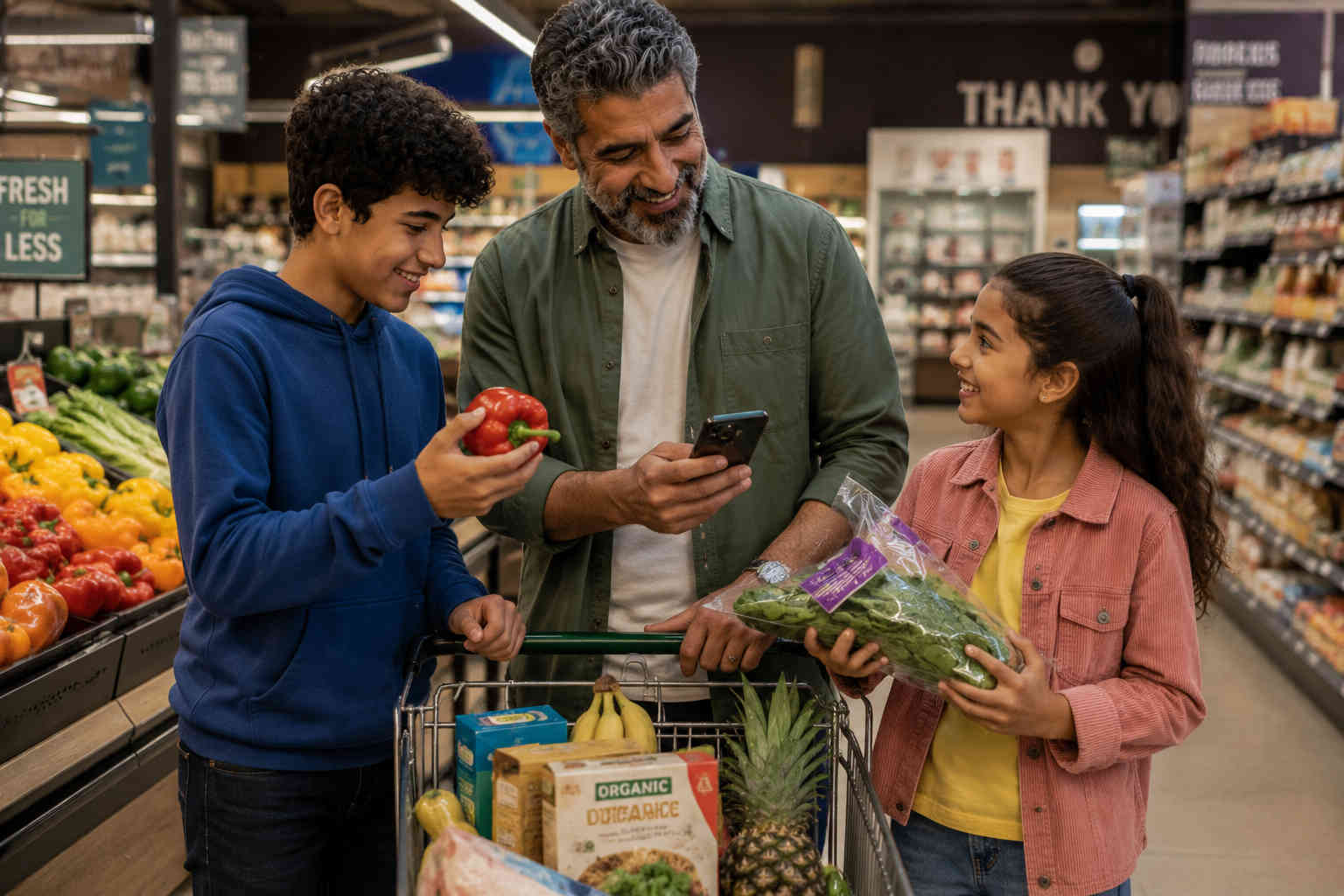 Father shopping for dinner ingredients with his teenage son and younger daughter in a grocery store