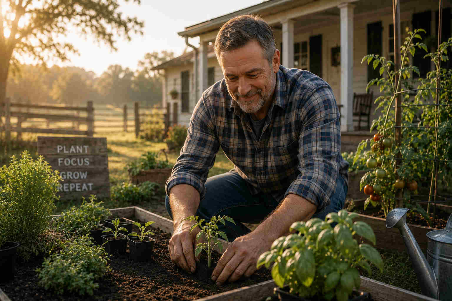 Middle-aged man tending a vegetable garden outside a farmhouse while rebuilding confidence after divorce
