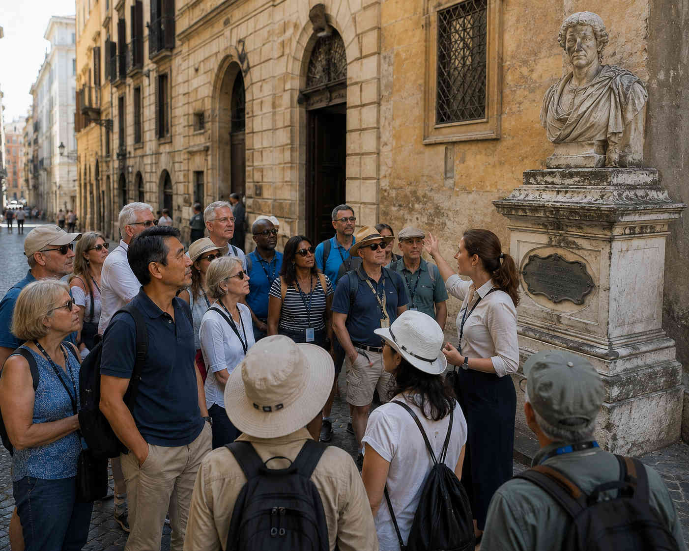 Solo male traveler listening with a walking tour group as a female guide explains an aged marble statue in a historic European street