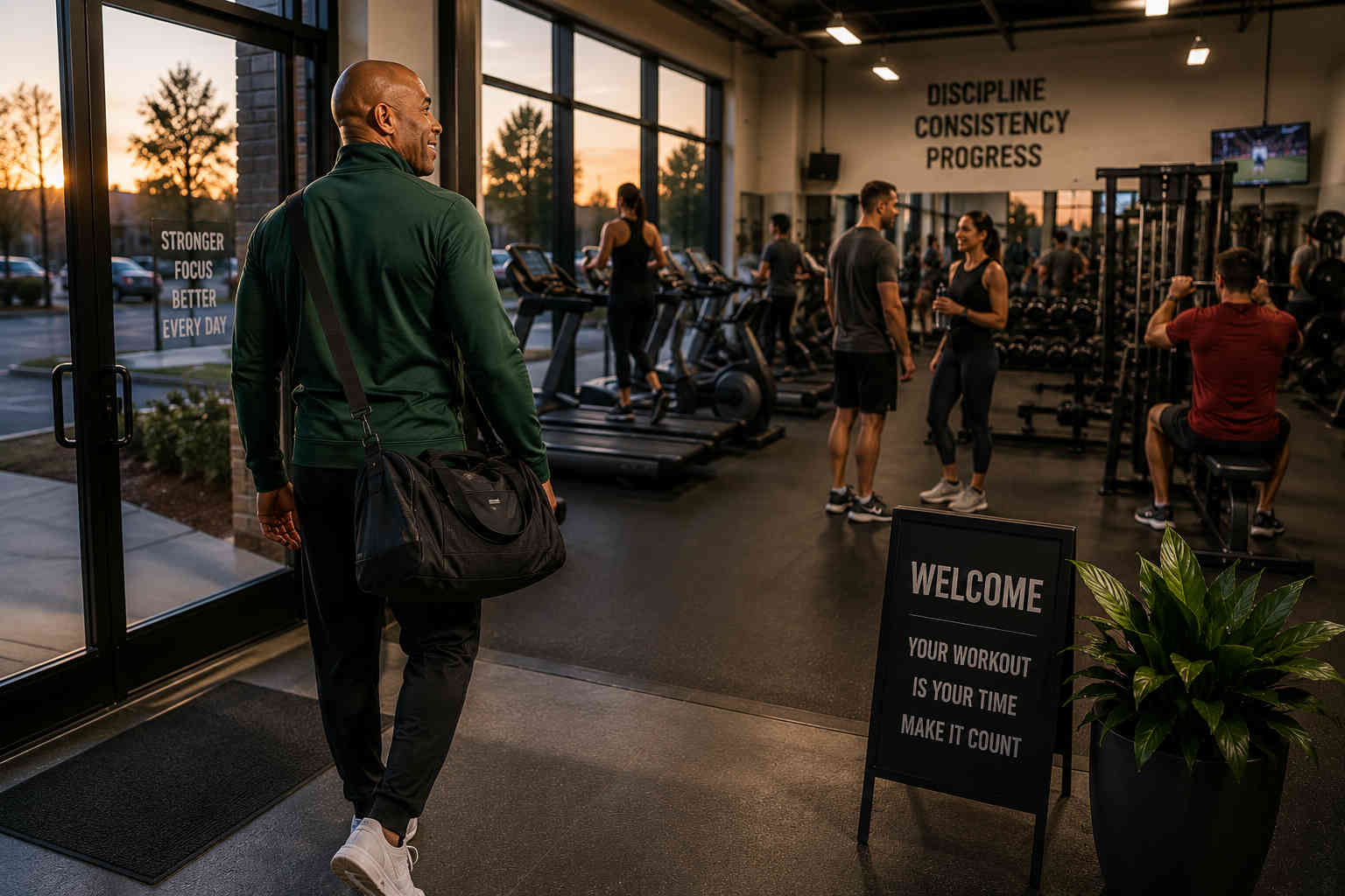 Man entering a busy gym in the early evening with his gym bag as other people exercise inside