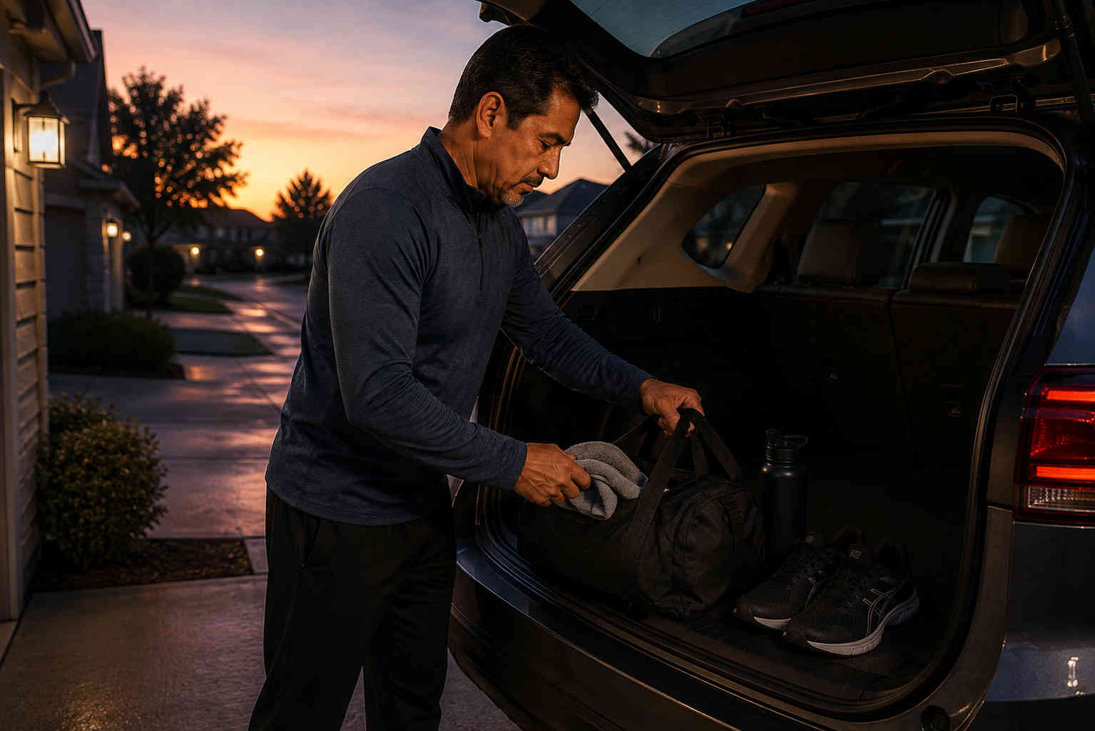 Man placing his gym bag, towel, water bottle, and shoes in the back of his SUV the evening before a workout