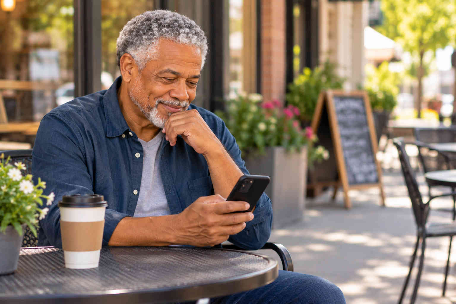 Man thoughtfully reading a message at an outdoor café