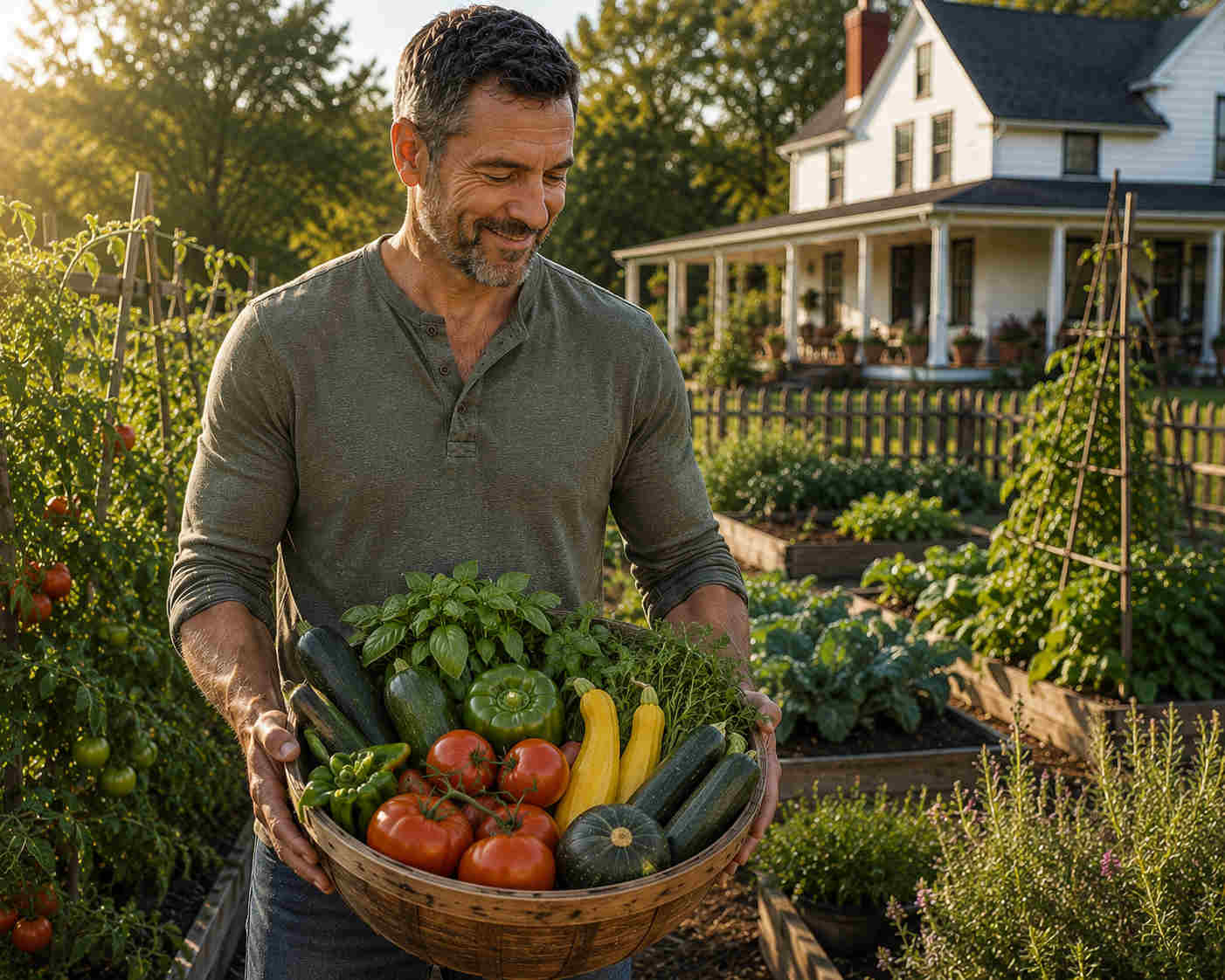 Middle-aged man carrying a basket of vegetables from his thriving garden as a symbol of confidence cultivated over time