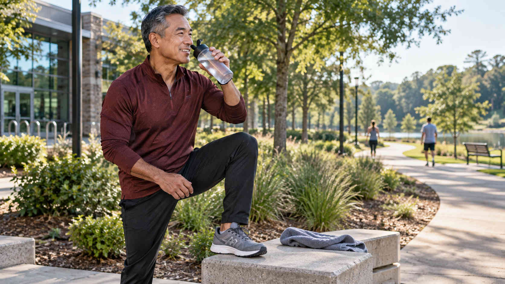 Man taking a water break after a realistic outdoor workout