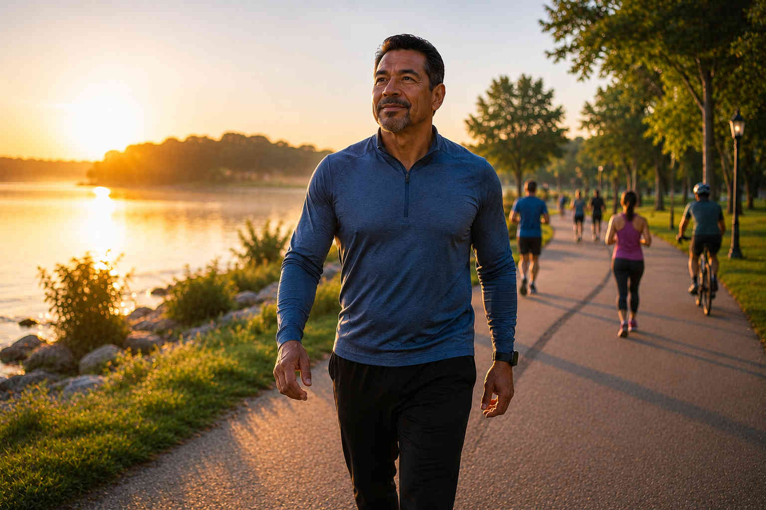 Man walking confidently along a lakeside trail at sunrise as other people exercise nearby