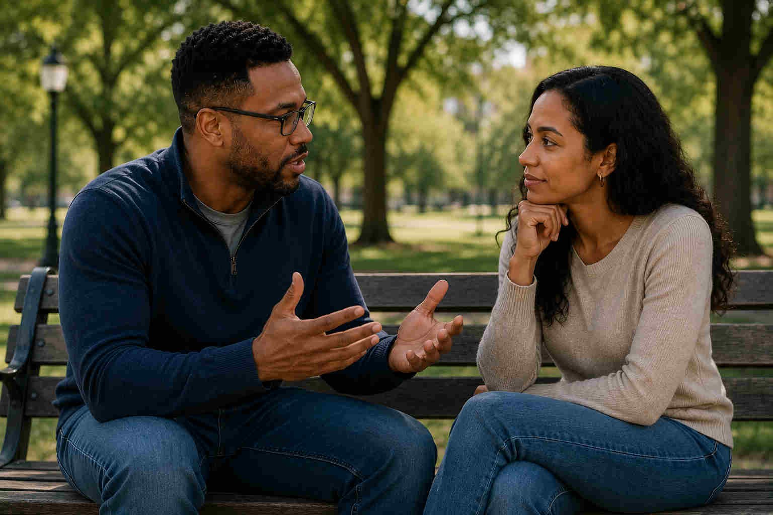 Couple sitting on a park bench having a serious but respectful conversation