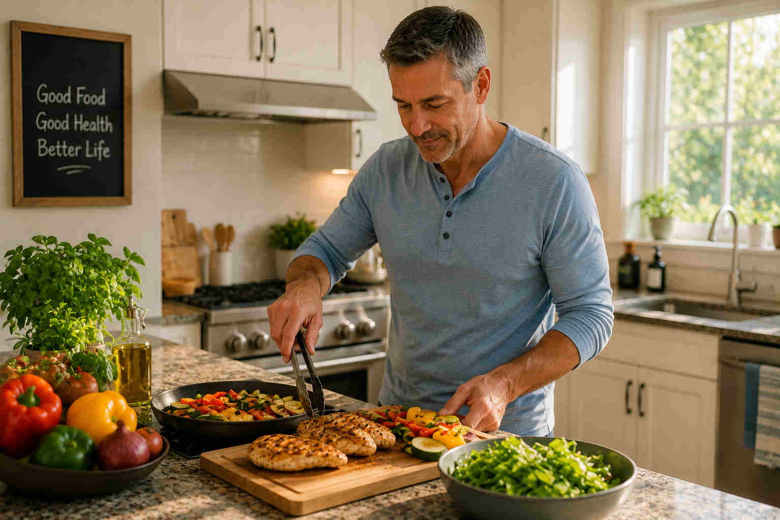 Man preparing grilled chicken and vegetables as part of a healthy routine after divorce