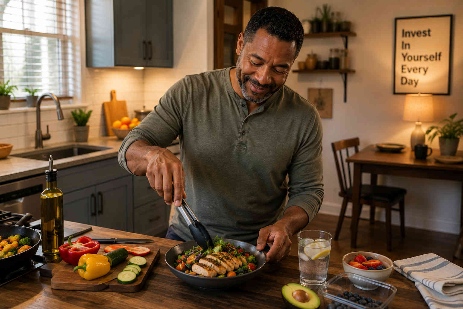 African American man preparing a healthy meal for one in a warm home kitchen after divorce