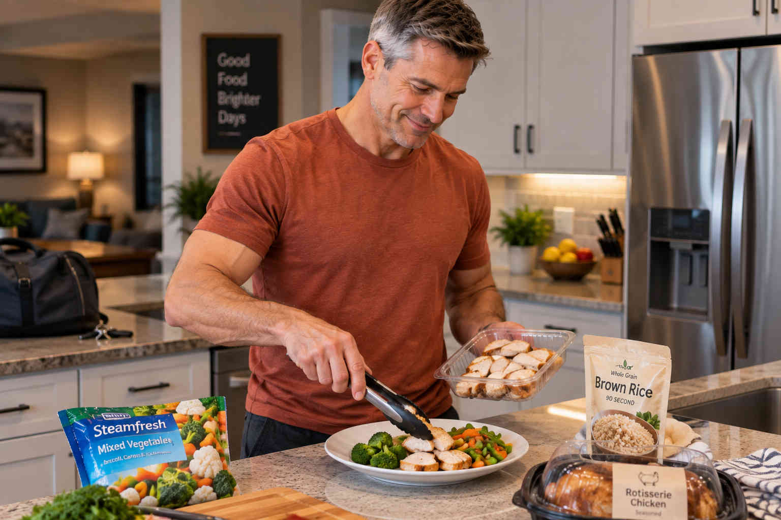 Man preparing a quick healthy dinner of chicken vegetables and brown rice after a busy day