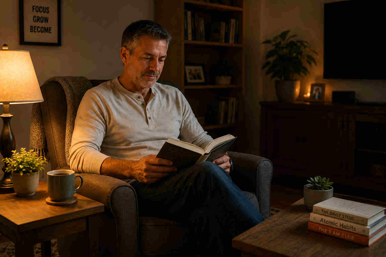 Divorced man reading peacefully beside a warm lamp during a healthy evening routine