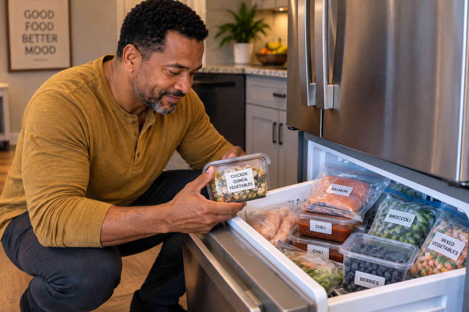 Man organizing individual healthy meals, salmon, vegetables, berries, and chili in a freezer drawer
