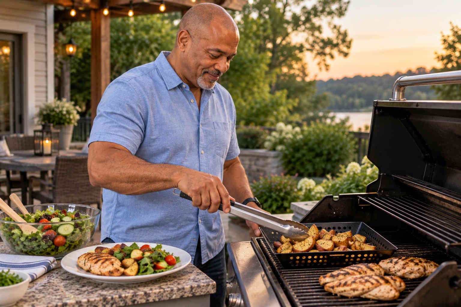 Man grilling seasoned potato wedges and chicken beside a large salad for a balanced outdoor dinner
