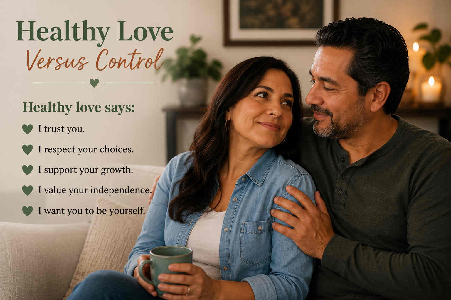 A smiling couple with text describing healthy love, trust, respect, growth, independence, and authenticity