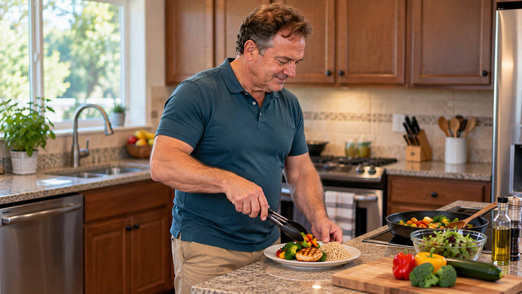 Man preparing grilled chicken vegetables and rice in his home kitchen