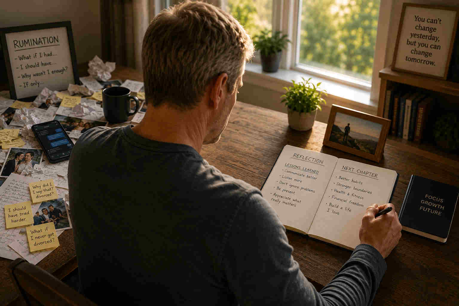 Over-the-shoulder view of a divorced man separating painful rumination from healthy reflection and future plans