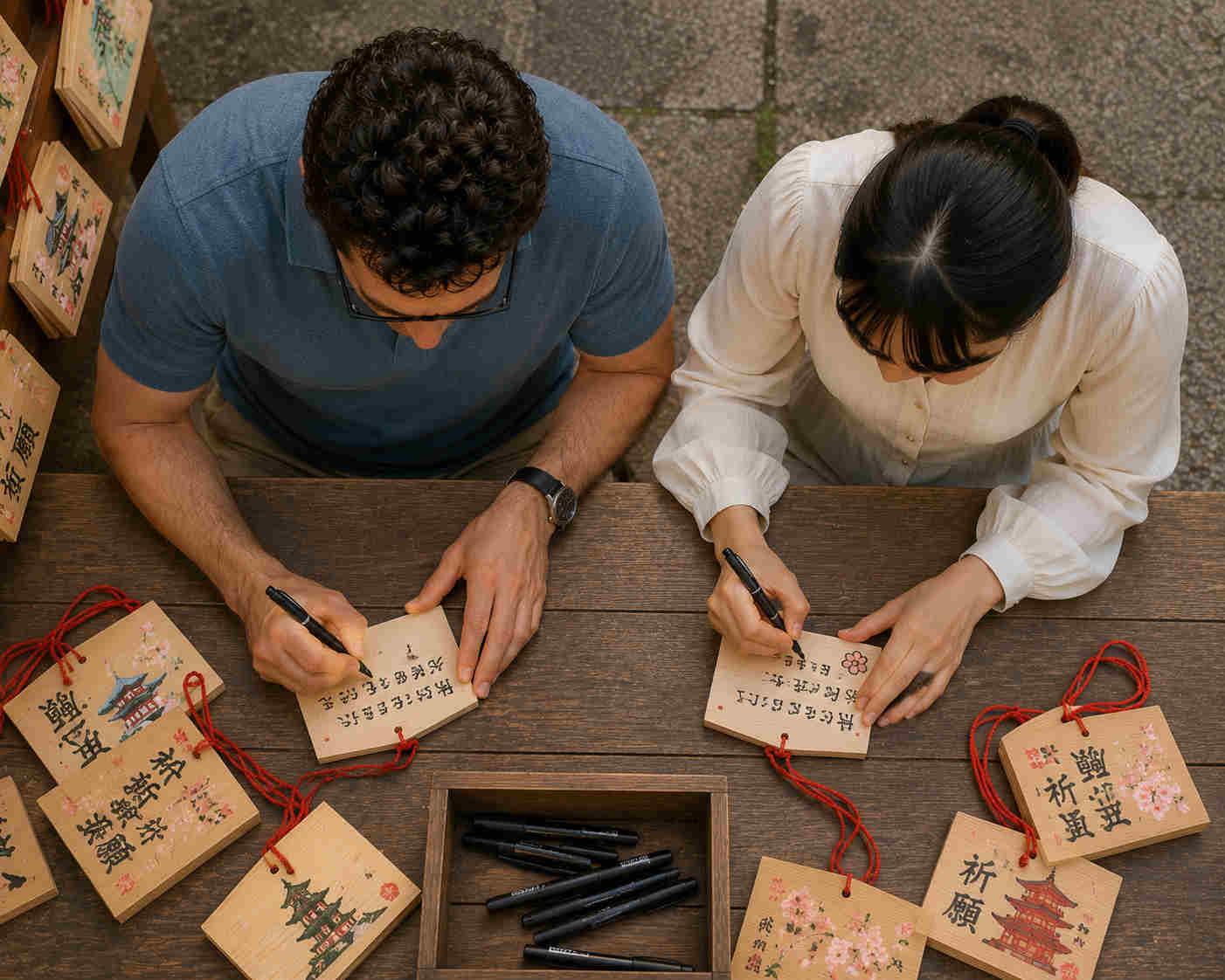 Overhead view of a couple writing wishes on ema plaques at a Japanese shrine