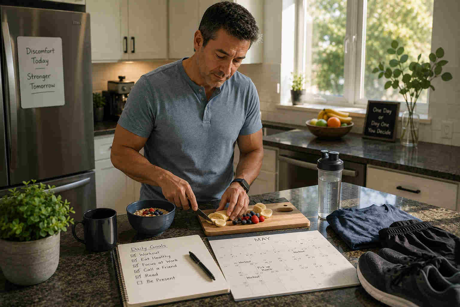 Divorced man preparing a healthy breakfast beside workout clothes a calendar and a notebook of daily goals