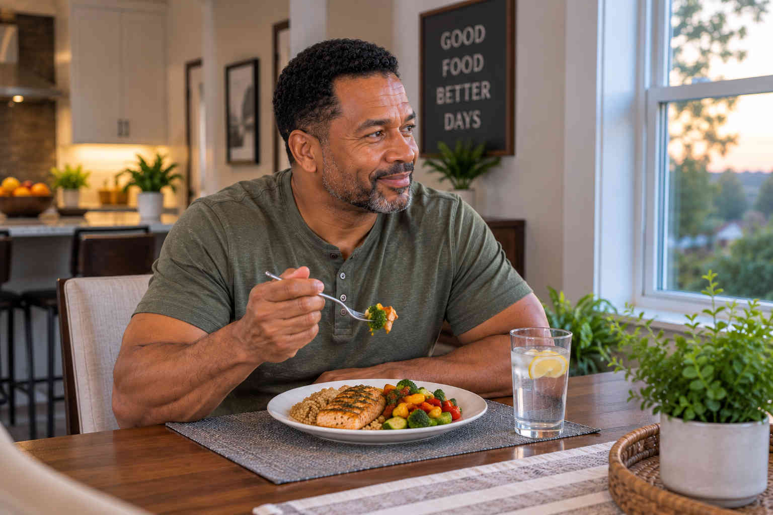 Man sitting down to eat a healthy salmon, grain, and vegetable dinner for one