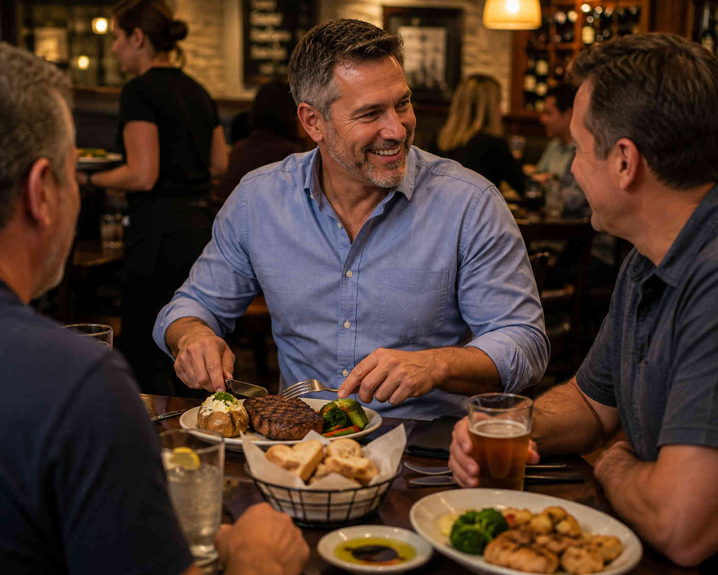 Man enjoying a steak dinner with friends while keeping his social life compatible with his weight-loss goals